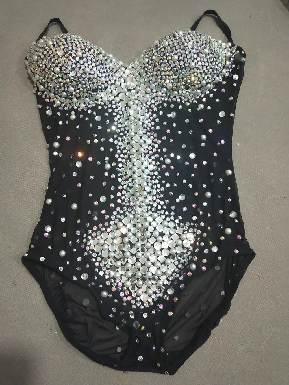 Sexy V Neck Perspective Mesh Elastic Crystals Bodysuit Women Dancer Stage Performance Costume Luxurious Gemstones Pearls Tights