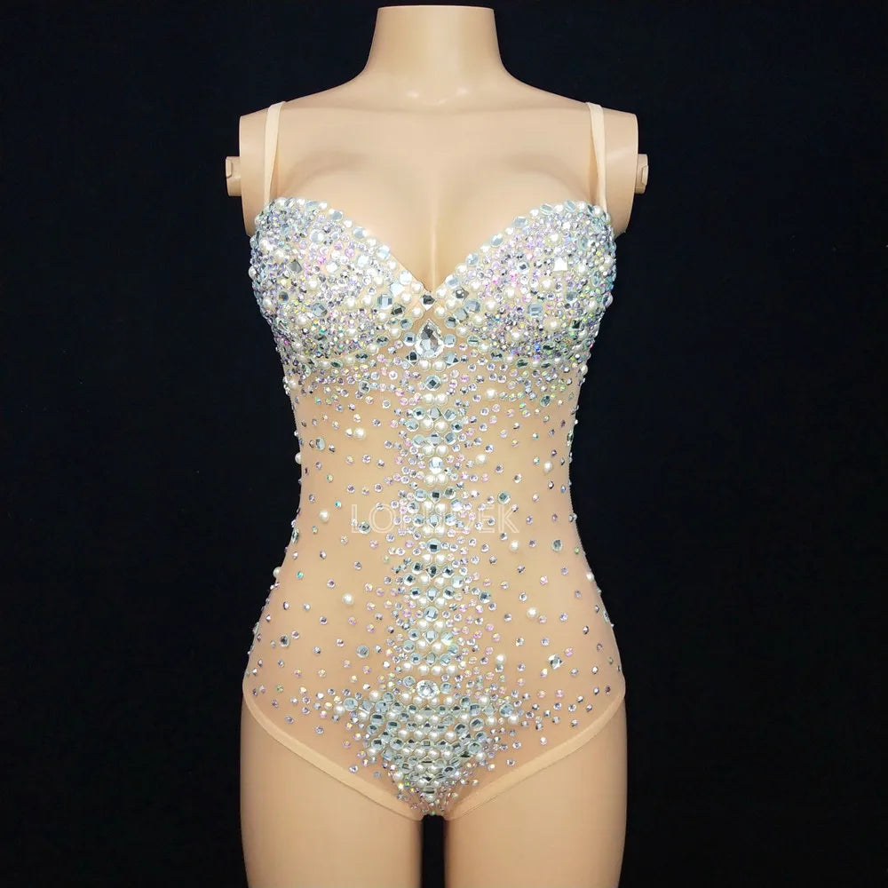 Sexy V Neck Perspective Mesh Elastic Crystals Bodysuit Women Dancer Stage Performance Costume Luxurious Gemstones Pearls Tights