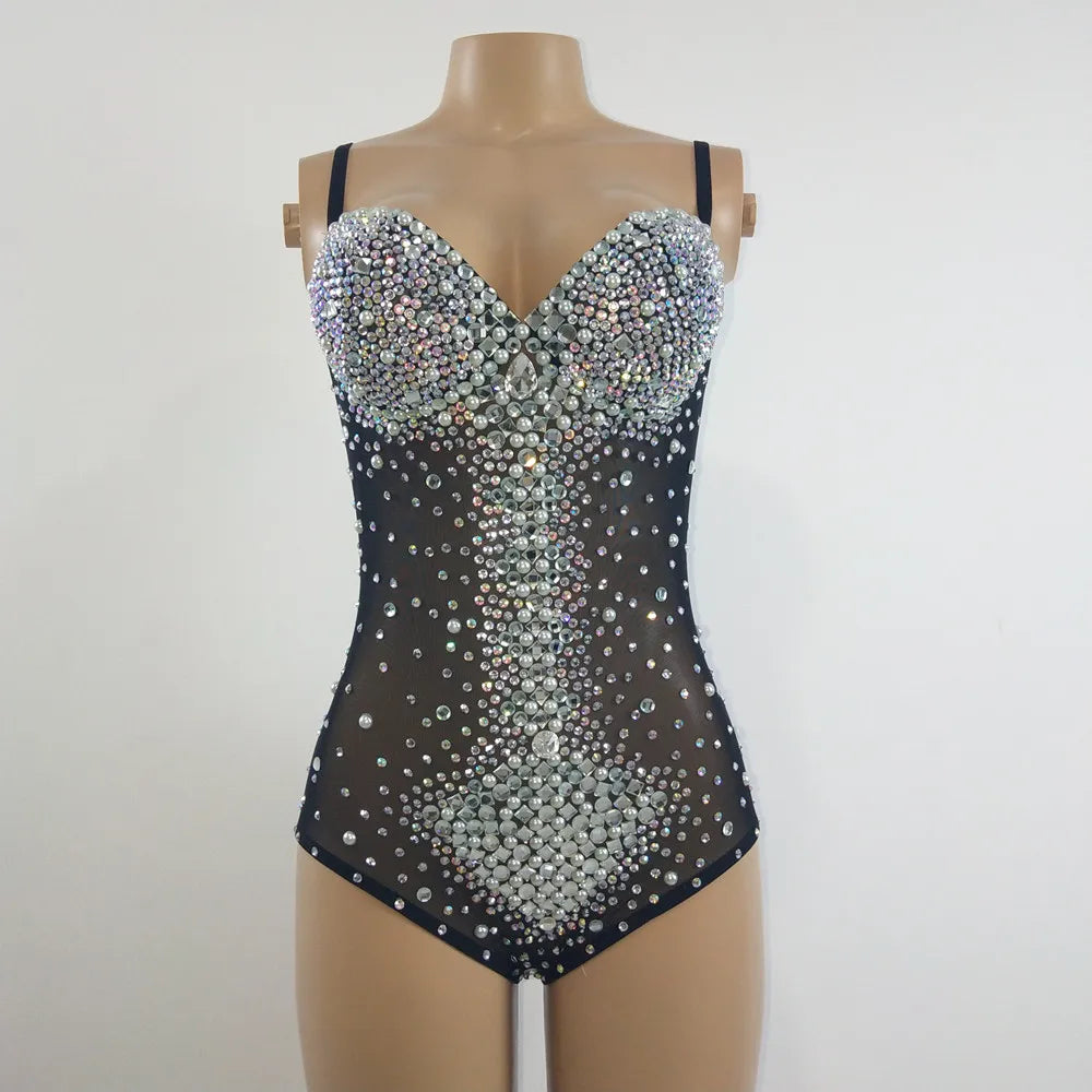 Sexy V Neck Perspective Mesh Elastic Crystals Bodysuit Women Dancer Stage Performance Costume Luxurious Gemstones Pearls Tights