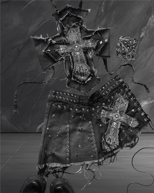 New Two Piece Sets Womens Outifits Retro Gothic Graphic Patch Y2K Clothing Denim Skirt Sets Suspender Slim Fashion Short Top