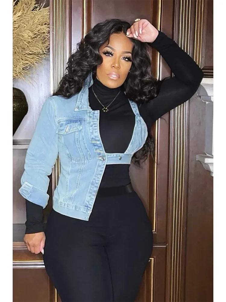 Fashion Novelty Denim Jackets One Shoulder Sexy Casual Streetwear Plus Size Blue Denim Bra Jacket Outwear Tops-ONLY DENIM PART