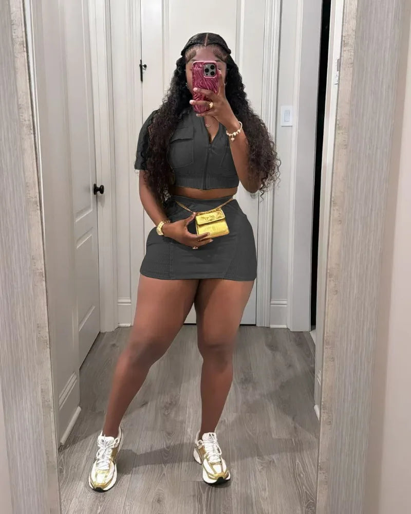 Women Solid Ribbed Patchwork 2 Piece Set Zip-up Short Sleeve Pockets Slim Crop Tops + Bodycon Mini Skirts Casual Streetwear Suit