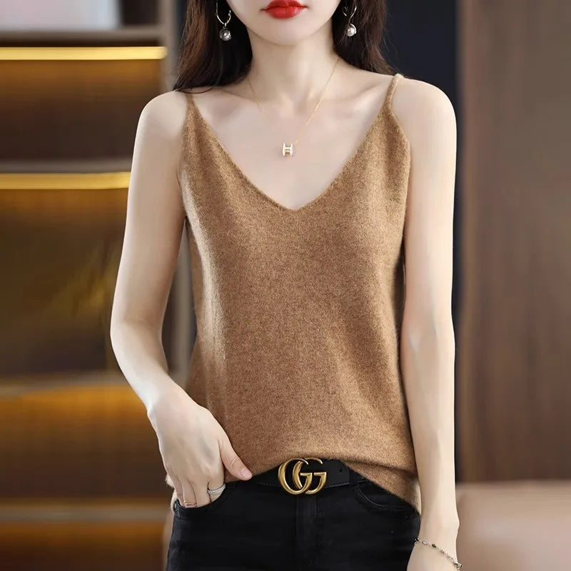 Spring Summer Women Camis Tops Solid Casual Knitted Tops Sexy V-neck Bottoming Tank Tops 2024 Knit Fashion Korean Tank Top