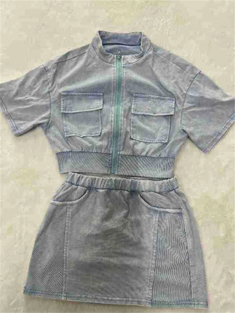 Women Solid Ribbed Patchwork 2 Piece Set Zip-up Short Sleeve Pockets Slim Crop Tops + Bodycon Mini Skirts Casual Streetwear Suit