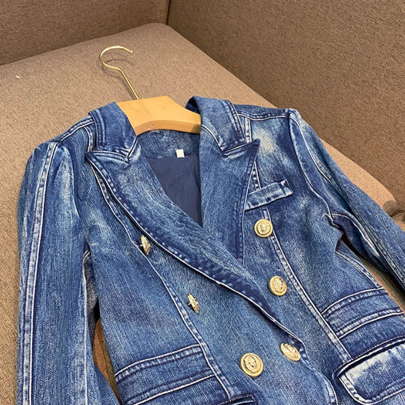 New Arrival Jeans Coat Double-breasted Long Sleeve Jacket Women Fashion Streetwear Denim Blazer