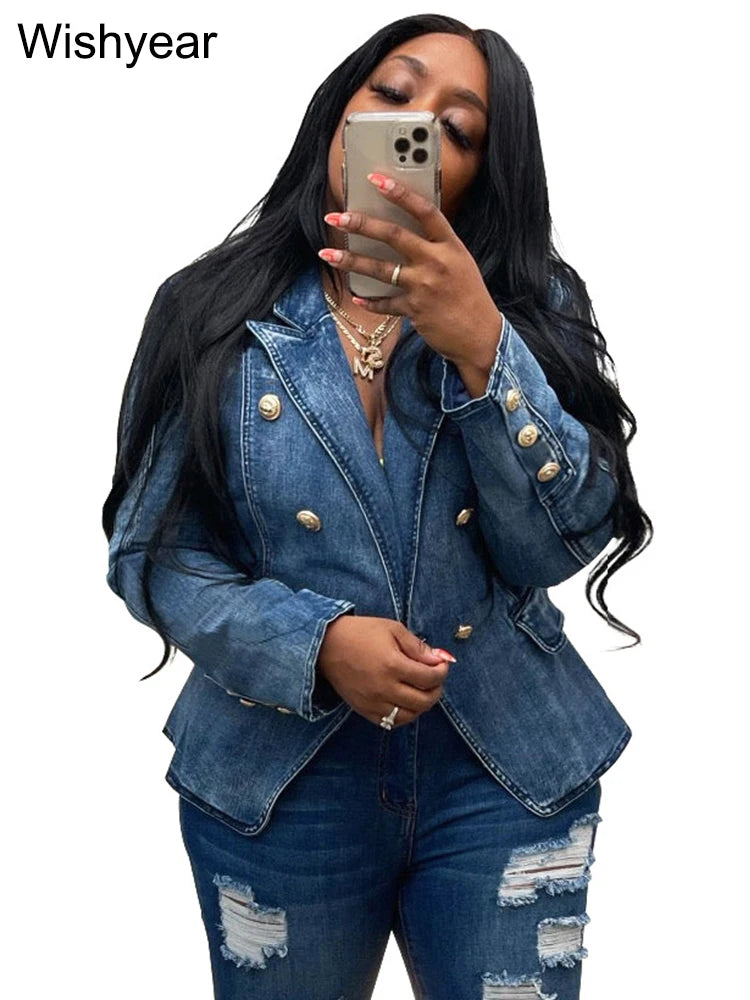 Fashion Notched Collar Long Sleeve Double Breasted Denim Coats for Women Slim Jeans Jacket Casual Streetwear Female Blazer Tops
