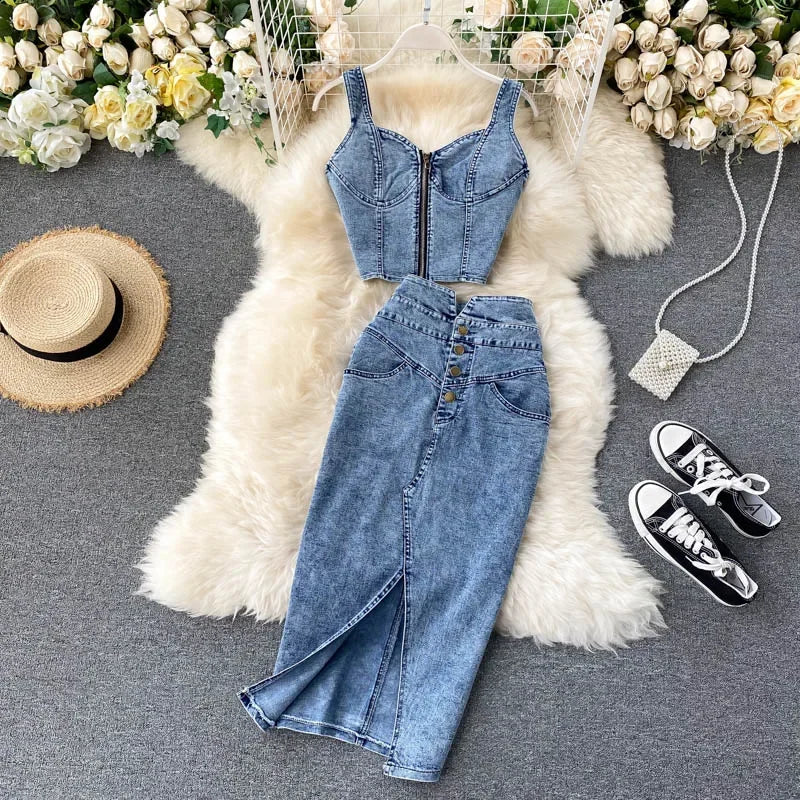 Denim Skirt Set Women Sexy Camisole Tops + High Waist Denim Pencil Skirt 2Pcs Suit Fashion Female Summer Slim Bodycon Suits