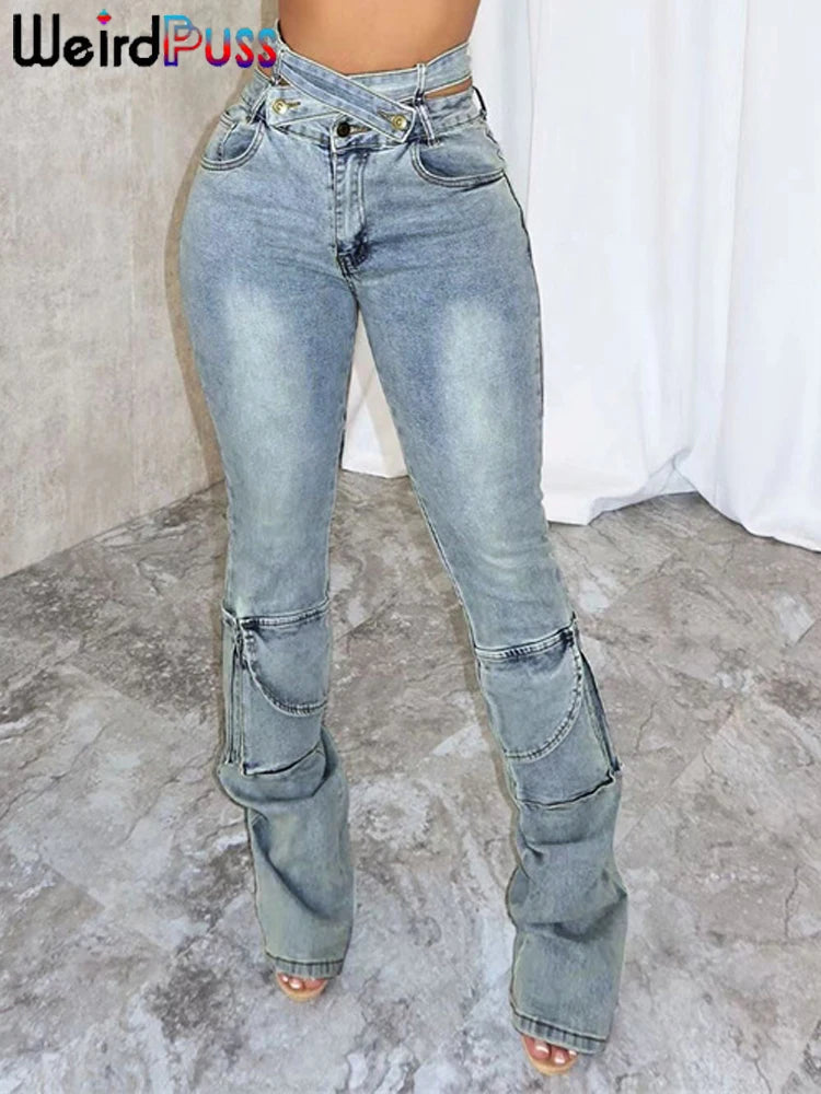Weird Puss Distressed Irregular Jeans Women Button Zipper Waist Multiple Pockets Autumn Trend Skinny Stretch Streetwear Bottoms