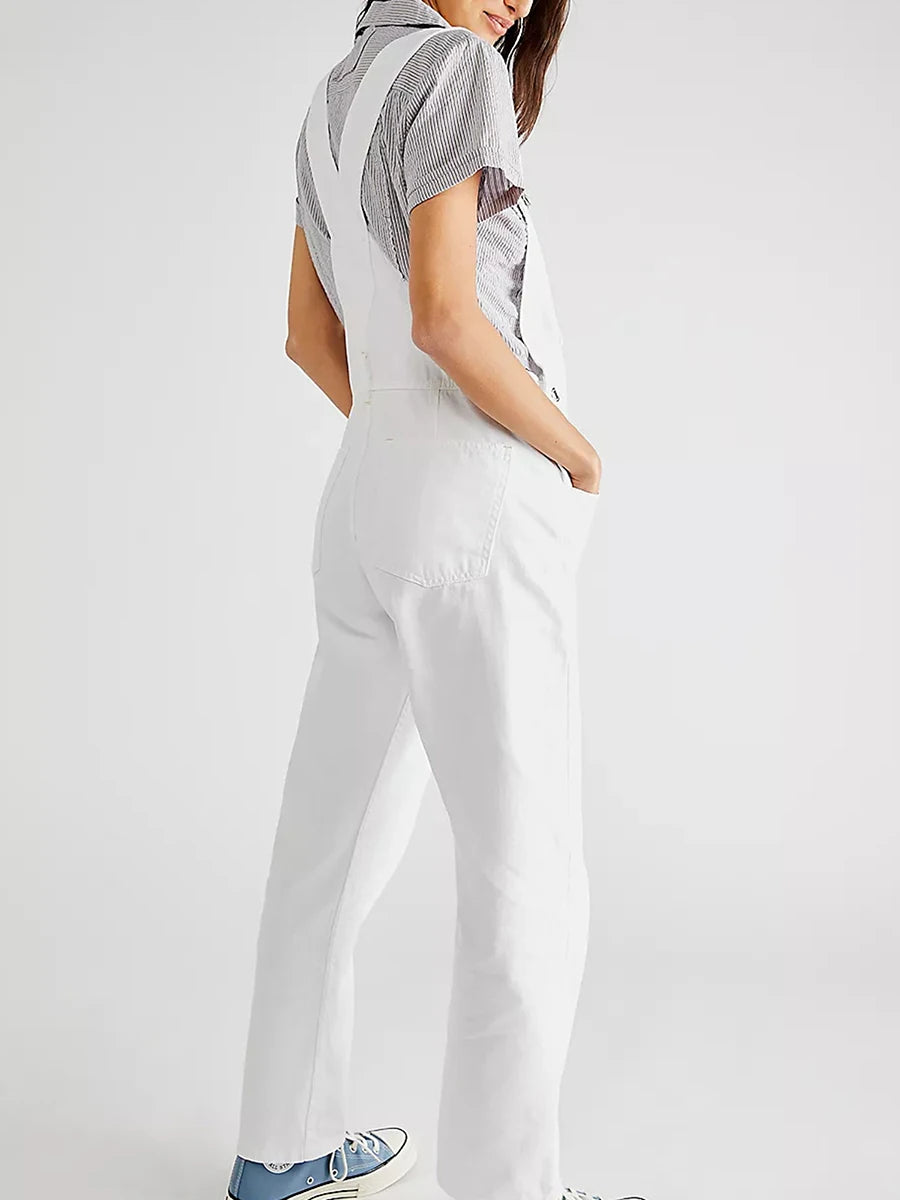 Women Spring Casual Wide Leg Denim Jumpsuits Loose Wide Strap Suspender Pocket Overalls Baggy Long Jeans Bib Pants Rompers
