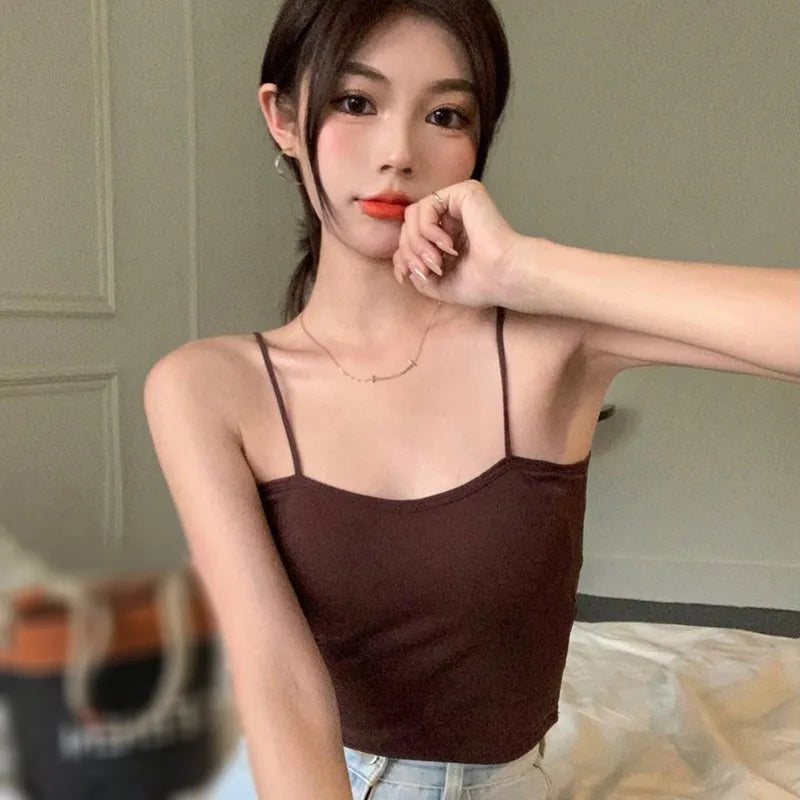 Women's Solid Sweet Camisole With Chest Pad Slimming Fit Fashion Yoga Sports Casual Versatile Cropped Top With Built In Bra