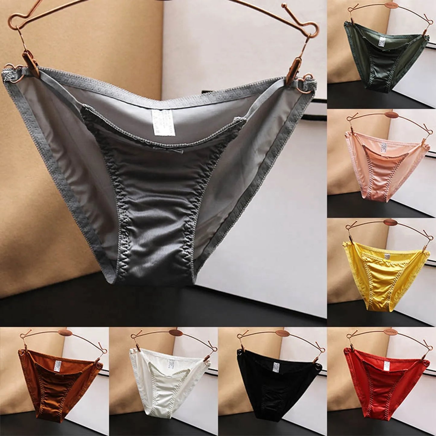 French Sweet Sexy Hollow Out Underwear For Women Low Waist Seamless Panties Satin Pure Color Ladies plus Size Underwear Briefs