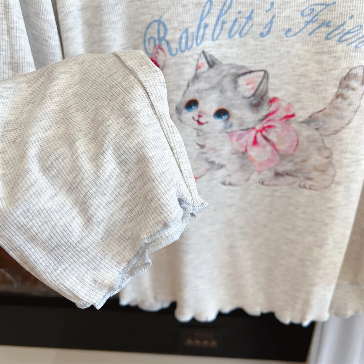 Modal Pajama Sets Sweet Cat Loose Long Sleeve Round Collar Bow Short T Shirt Women's Spring and Autumn Soft Sleepwear