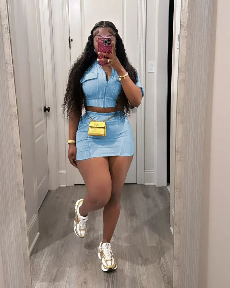 Women Solid Ribbed Patchwork 2 Piece Set Zip-up Short Sleeve Pockets Slim Crop Tops + Bodycon Mini Skirts Casual Streetwear Suit