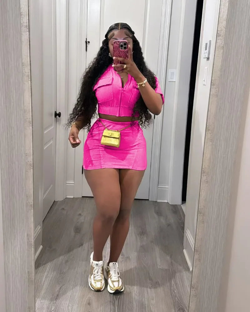 Women Solid Ribbed Patchwork 2 Piece Set Zip-up Short Sleeve Pockets Slim Crop Tops + Bodycon Mini Skirts Casual Streetwear Suit