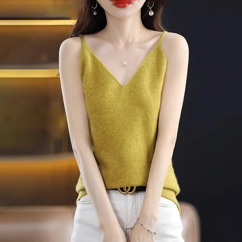 Spring Summer Women Camis Tops Solid Casual Knitted Tops Sexy V-neck Bottoming Tank Tops 2024 Knit Fashion Korean Tank Top