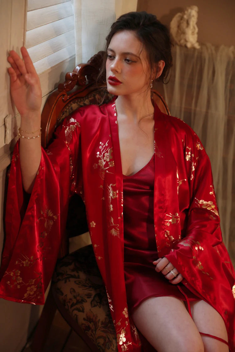 Bronzing Floral Kimono Robe Chinese Style Dress Big Sleeve Nightgown Lady Satin Homewear Bride Wedding Bathrobe Gown Loungewear