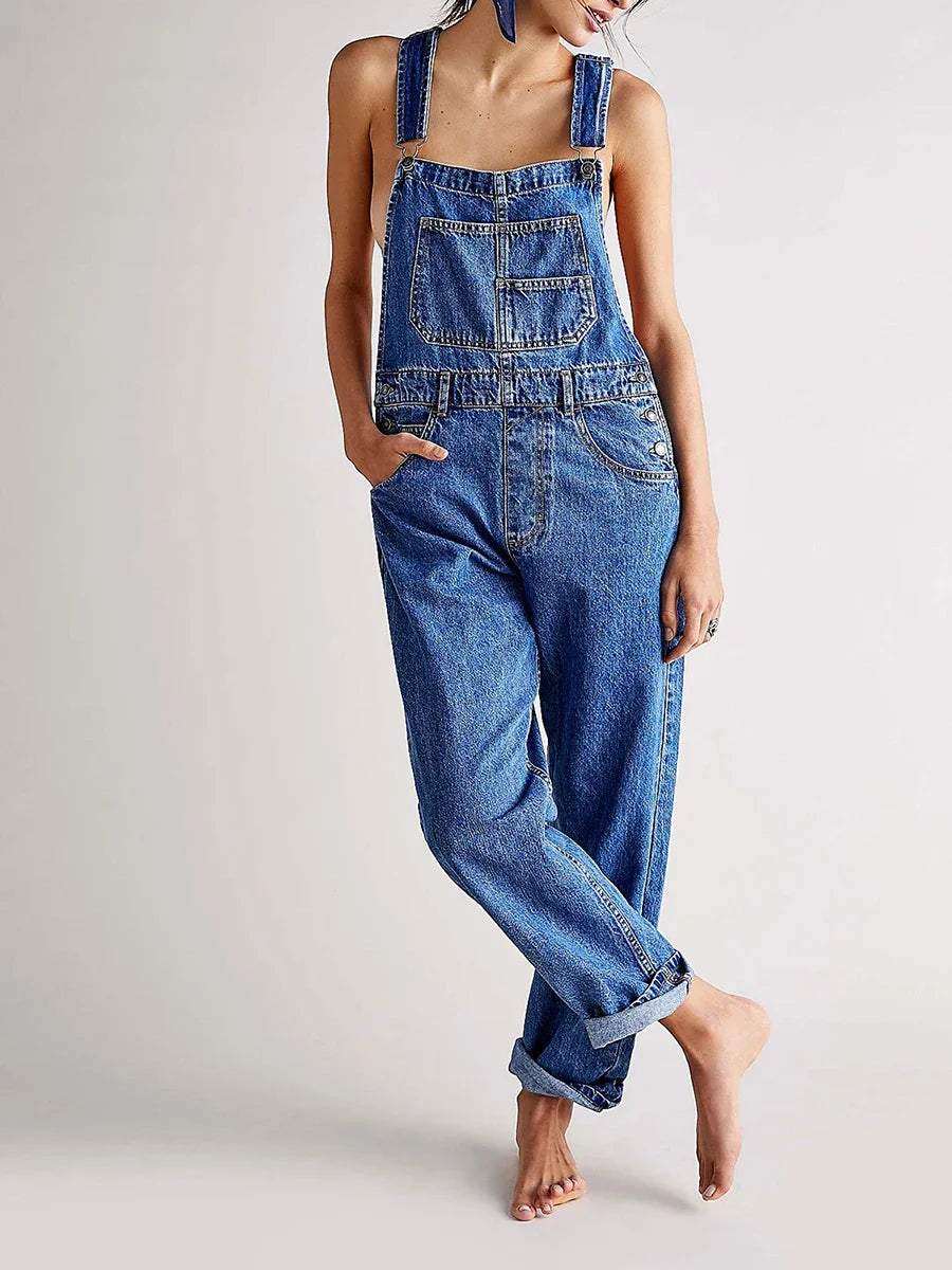 Denim Jumpsuit y2k Women Solid Color Sleeveless High Waist Romper Pants Jeans Bib Overalls with Pockets Streetwear