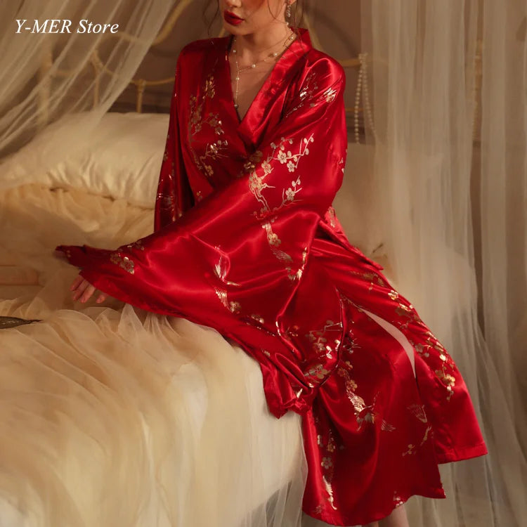 Bronzing Floral Kimono Robe Chinese Style Dress Big Sleeve Nightgown Lady Satin Homewear Bride Wedding Bathrobe Gown Loungewear