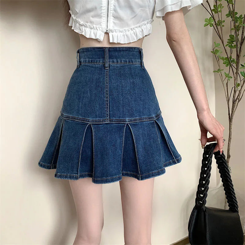 Lucyever Korean Style Pleated Denim Skirt Ladies Fashion High Waist A-Line Mini Skirts Women 2025 Summer New Jean Short Skirts