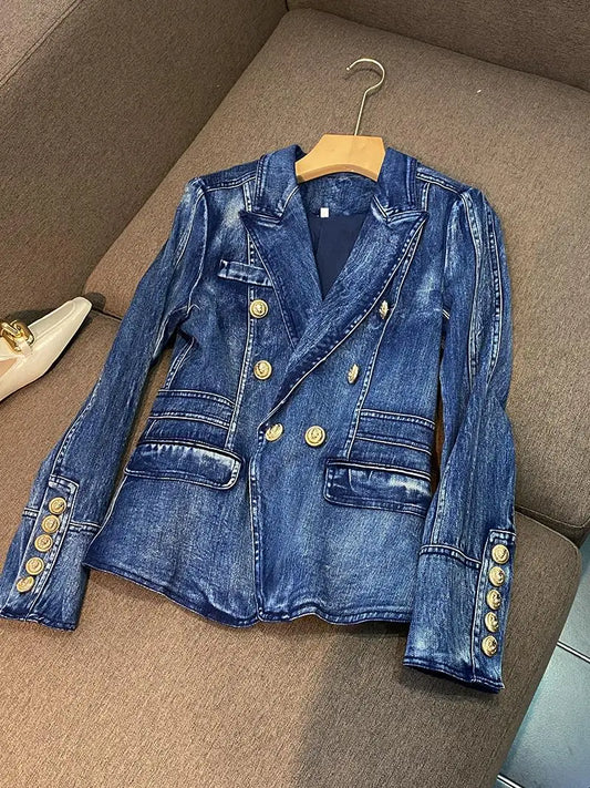 New Arrival Jeans Coat Double-breasted Long Sleeve Jacket Women Fashion Streetwear Denim Blazer