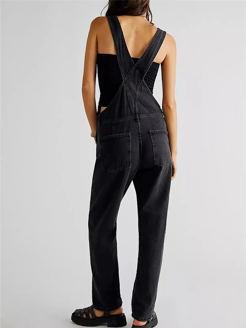 Denim Jumpsuit y2k Women Solid Color Sleeveless High Waist Romper Pants Jeans Bib Overalls with Pockets Streetwear