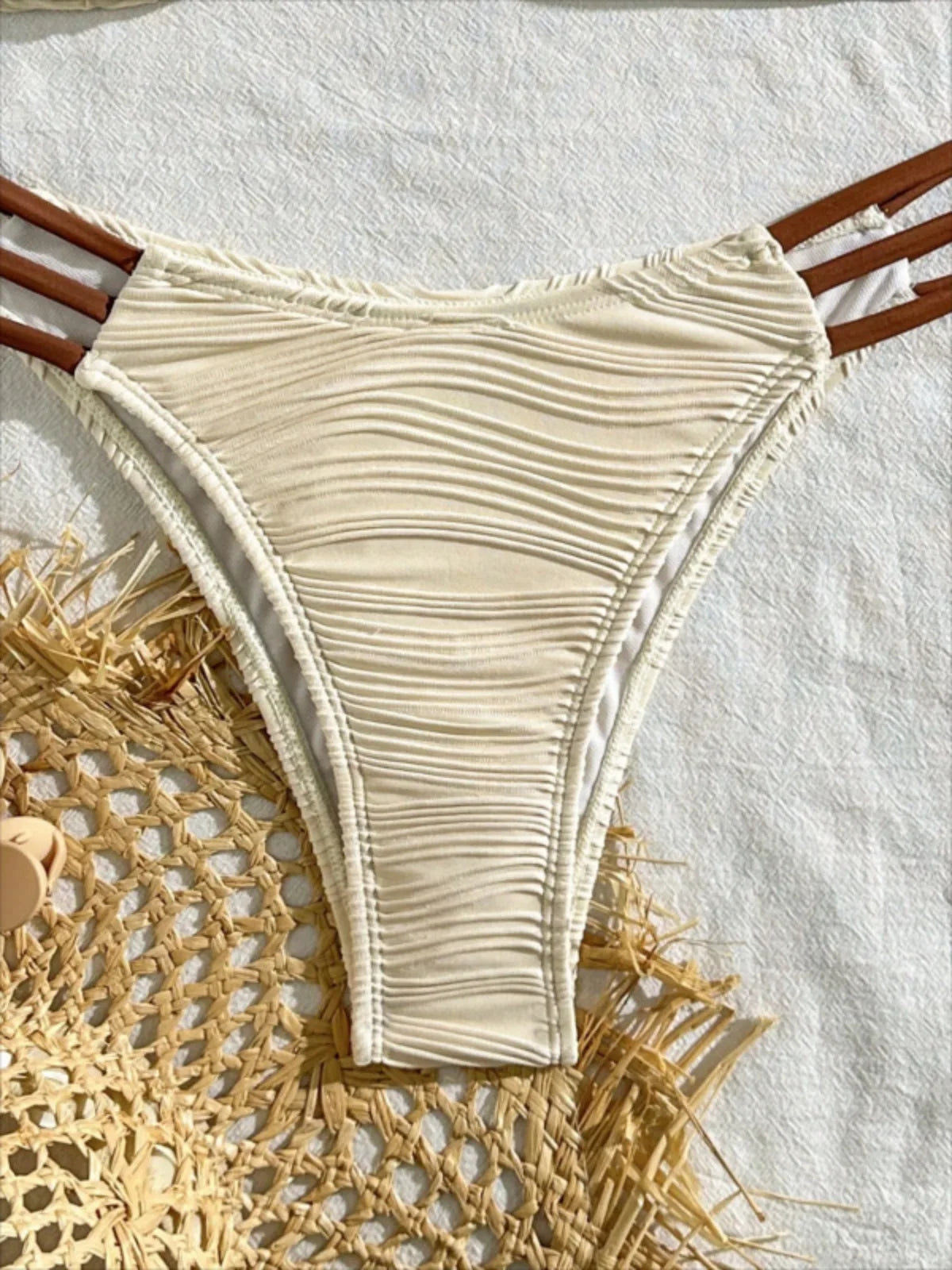 Beige Solid Color Bikini Set Women's Sexy U-neck Suspender Backless Bathing Suit High Waist Bandage Beach Vacation Swimwear 2024